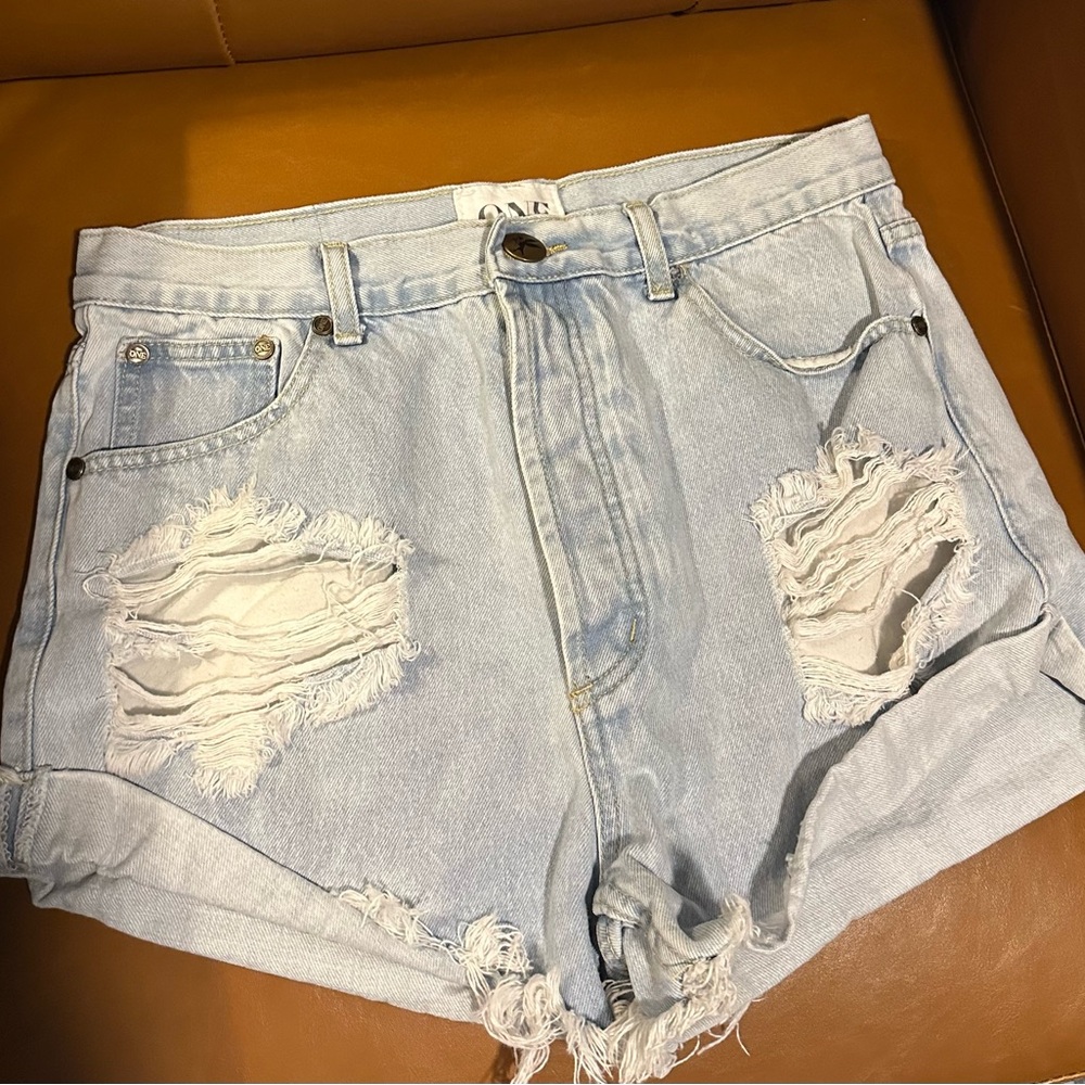 One Teaspoon Light Blue Ripped Jean Shorts